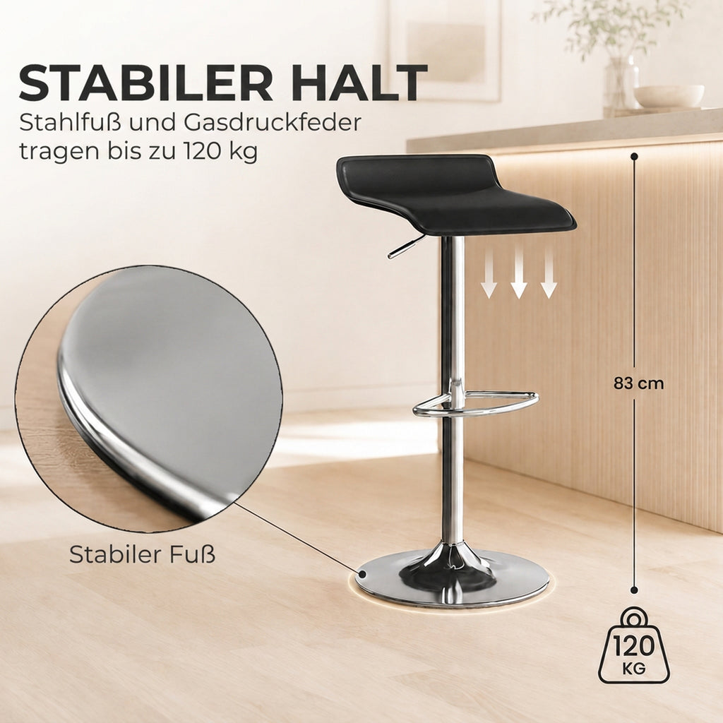 Barhocker 360° Drehbar Barstuhl mit Silber-Stahlgestell, Höhenverstellbar Küchenstuhl mit Fußstütze, Schwarz