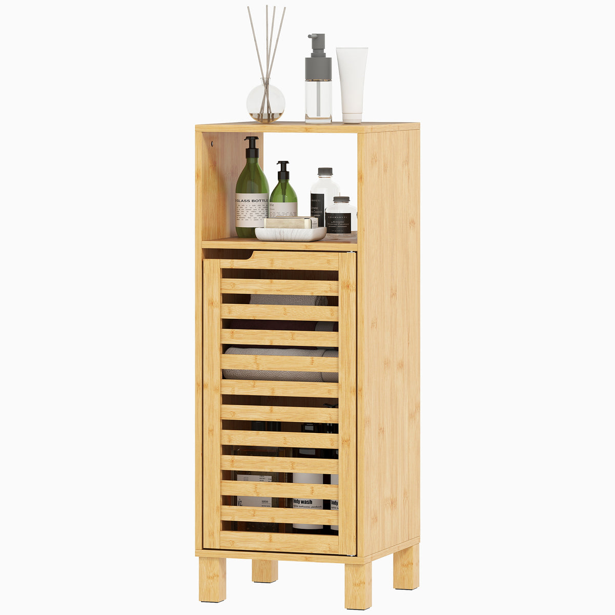 Badezimmerschrank, offenes Regal, Schrank, Bambusholz, Lamellent¨¹r, Hellbraun