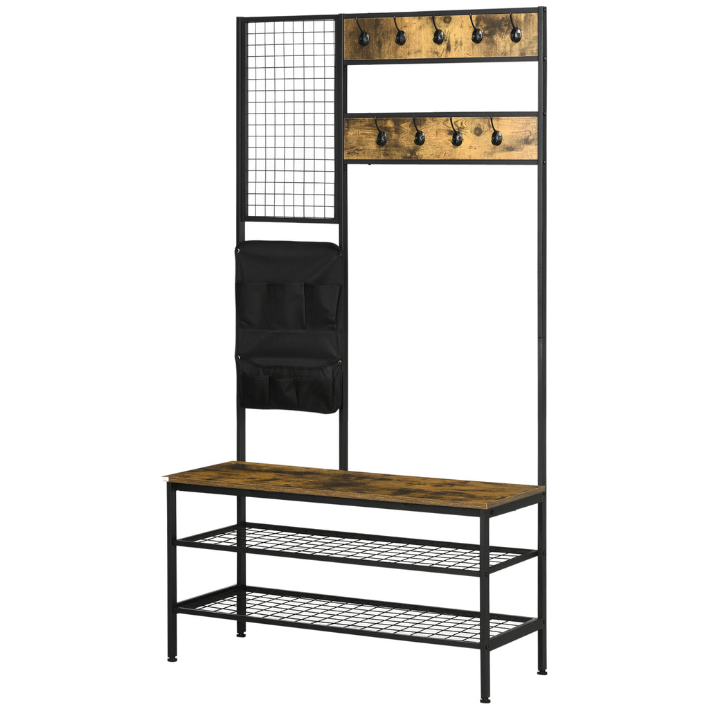 Garderobe im Industriedesign, 1 Memoboard, 1 Schuhbank, 8 Kleiderhaken, 1 Aufbewahrungstasche, Schwarz + Braun