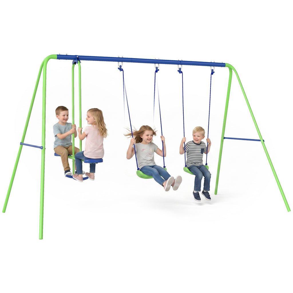 Metal Swing Set, with Seesaw, Adjustable Height, for Ages 3+ Years, Green