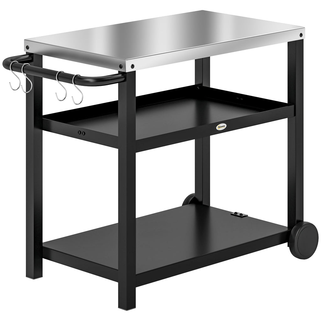 Outdoor Grill Dining Cart 3-Shelf Movable Pizza Oven Table Stand with Stainless Steel Top, Portable BBQ Trolley Food Prep Outdoor Kitchen Barbecue Station with Hooks Wheels, Charcoal Grey