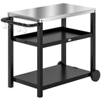 Outdoor Grill Dining Cart 3-Shelf Movable Pizza Oven Table Stand with Stainless Steel Top, Portable BBQ Trolley Food Prep Outdoor Kitchen Barbecue Station with Hooks Wheels, Charcoal Grey