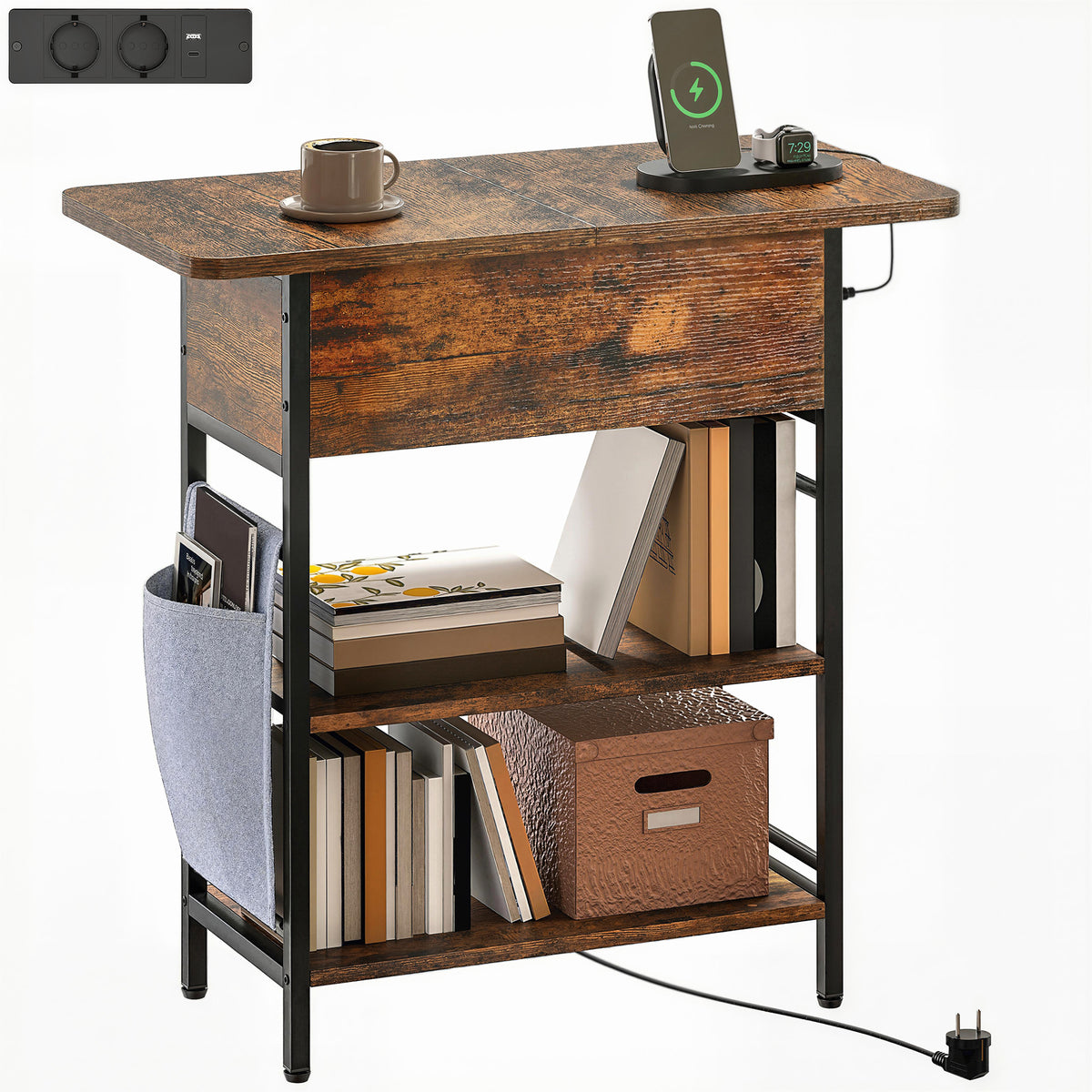 Beistelltisch Nachttisch mit Steckdosenleiste, 2 Ebenen, USB-Anschl¨¹ssen Stauraum 60 x 29,8 x 58,5 cm Rustikal Braun