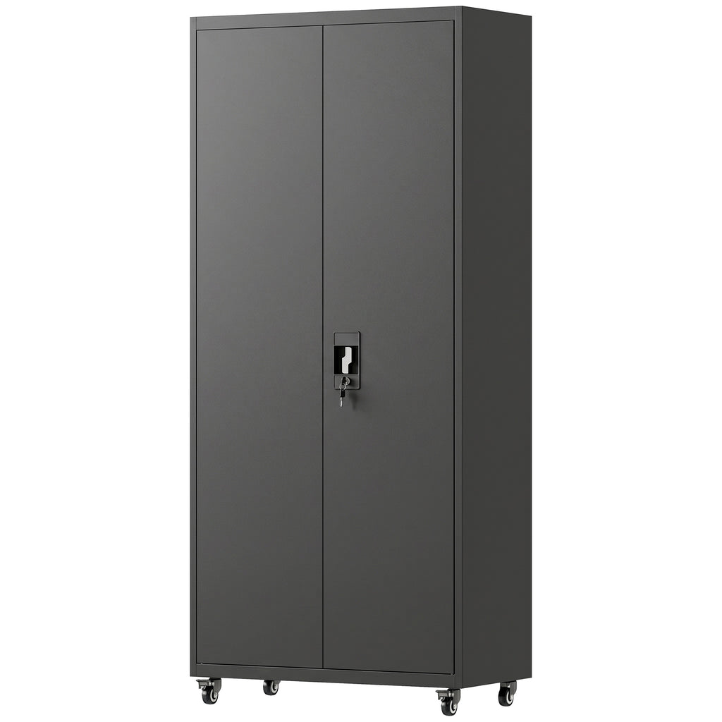 Metal Storage Cabinet, 180 cm Tall Lockable Steel Tool Cabinet with Removable Wheels and Adjustable Shelves, Black