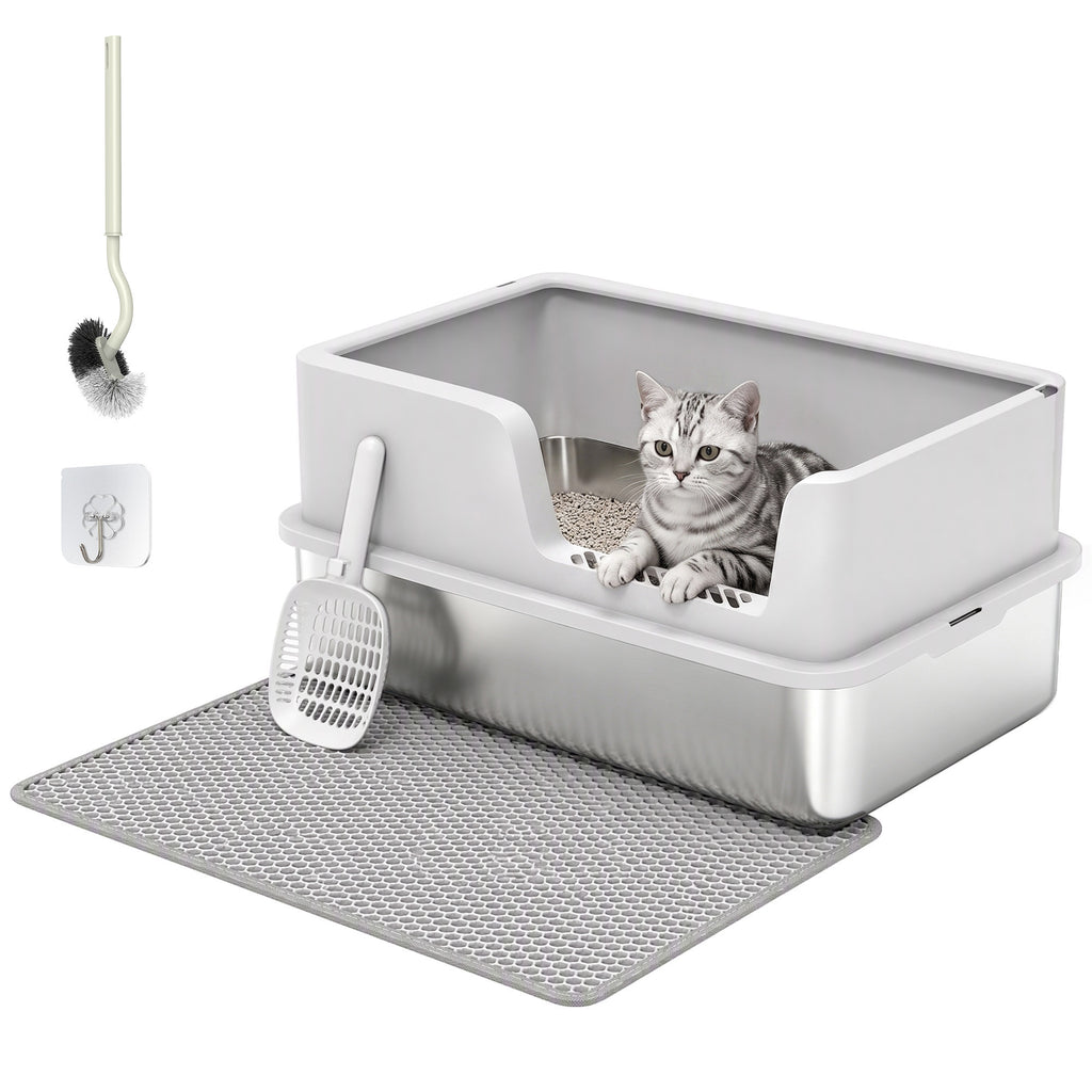 Katzentoilette XL Edelstahl mit Deckel, hohe Seitenwände Hellgrau