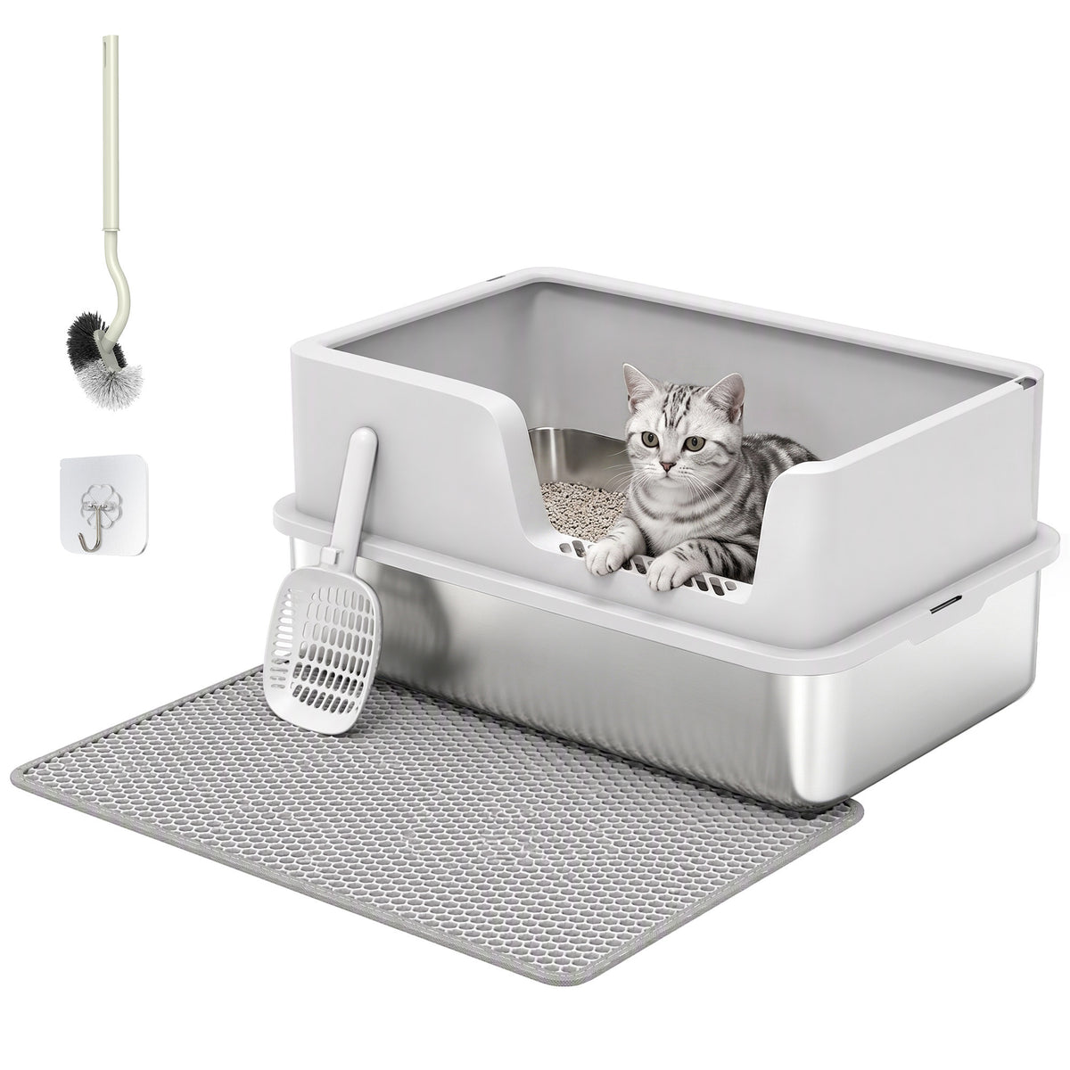 Katzentoilette XL Edelstahl mit Deckel, hohe Seitenwände Hellgrau