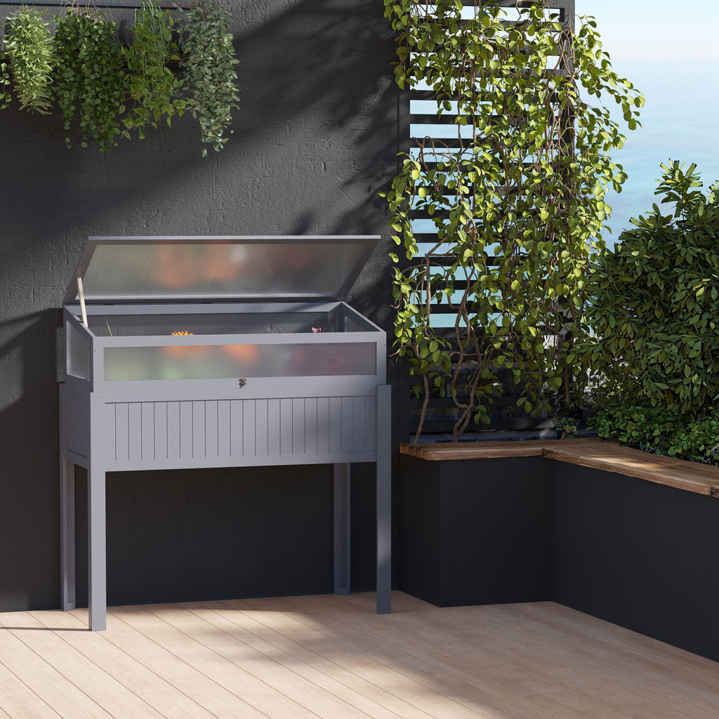 Raised Garden Bed 2-IN-1 Wood Cold Frame Greenhouse with Elevated Garden Box, Openable Top for Flowers, Vegetables, Plants, Grey