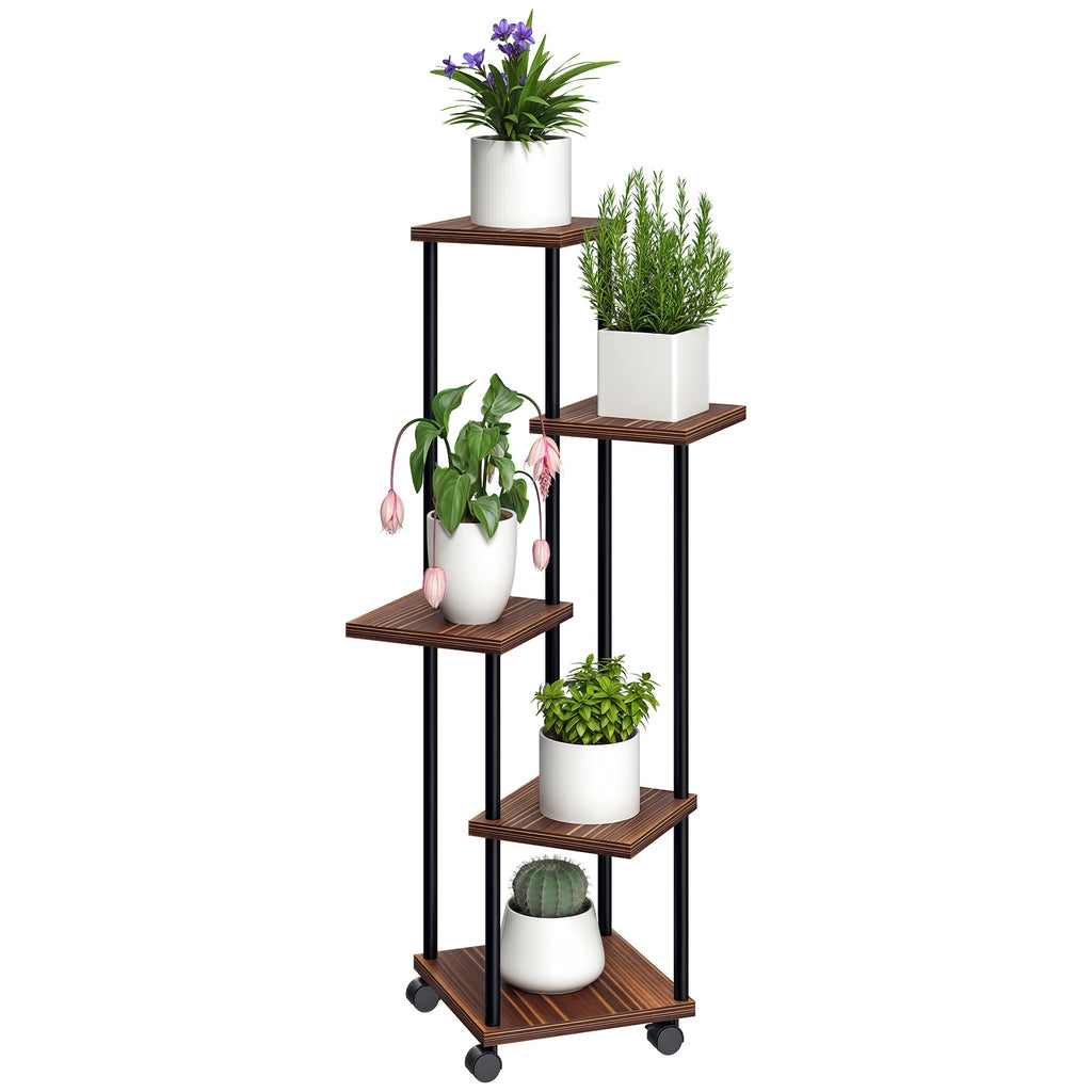 Blumenst?nder mit 5 Ebenen, 5-stufiger Pflanzenst?nder, versetztes Design, leicht zu verschieben, Holz, Stahl