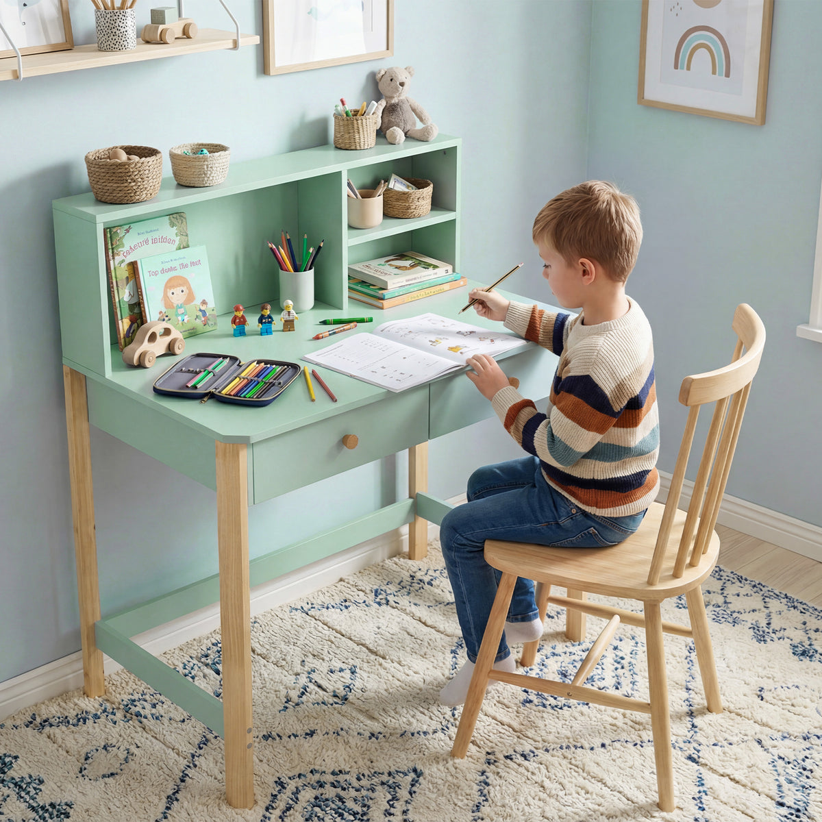 Kinderschreibtisch Schülerschreibtisch mit Schubladen Regal Stauraum für 5-12 Jahre Kinder 90 x 52 x 105 cm Grün