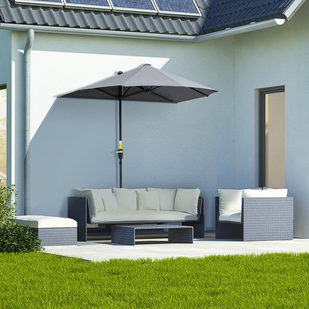  2m Half Parasol Market Umbrella Garden Balcony Parasol with Crank Handle, Base, Double-Sided Canopy, Dark Grey