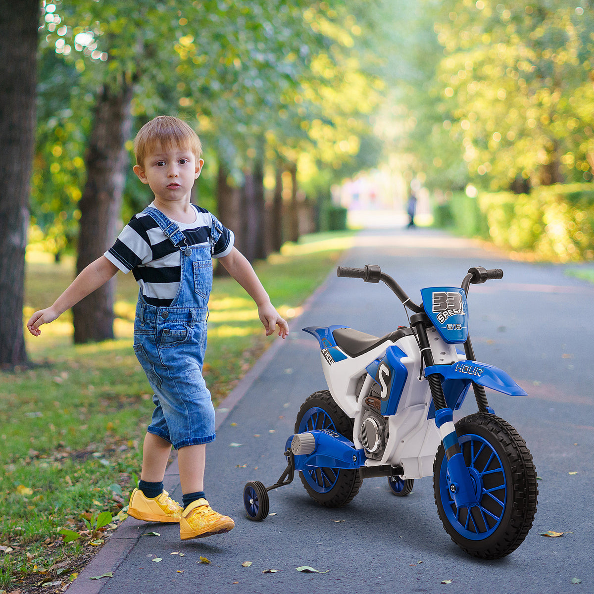 Kindermotorrad, Elektromotorrad, 45 Min Fahrzeit, mit Stützrädern, ab 3 Jahren, blau+weiß, 106,5 x 51,5 x 68cm
