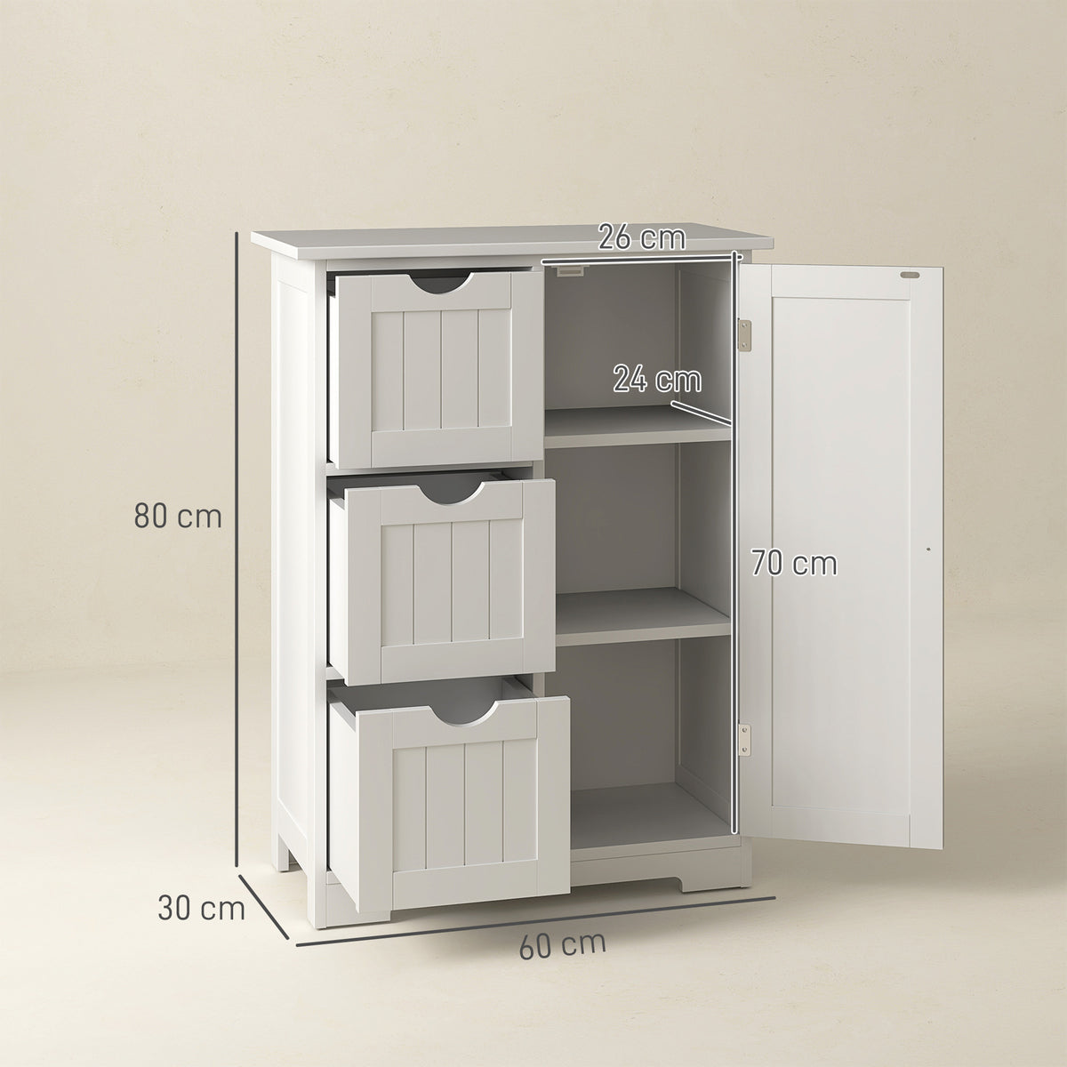 Badezimmerschrank, Badkommode, 3 Schubladen, Regal, MDF, Wei?