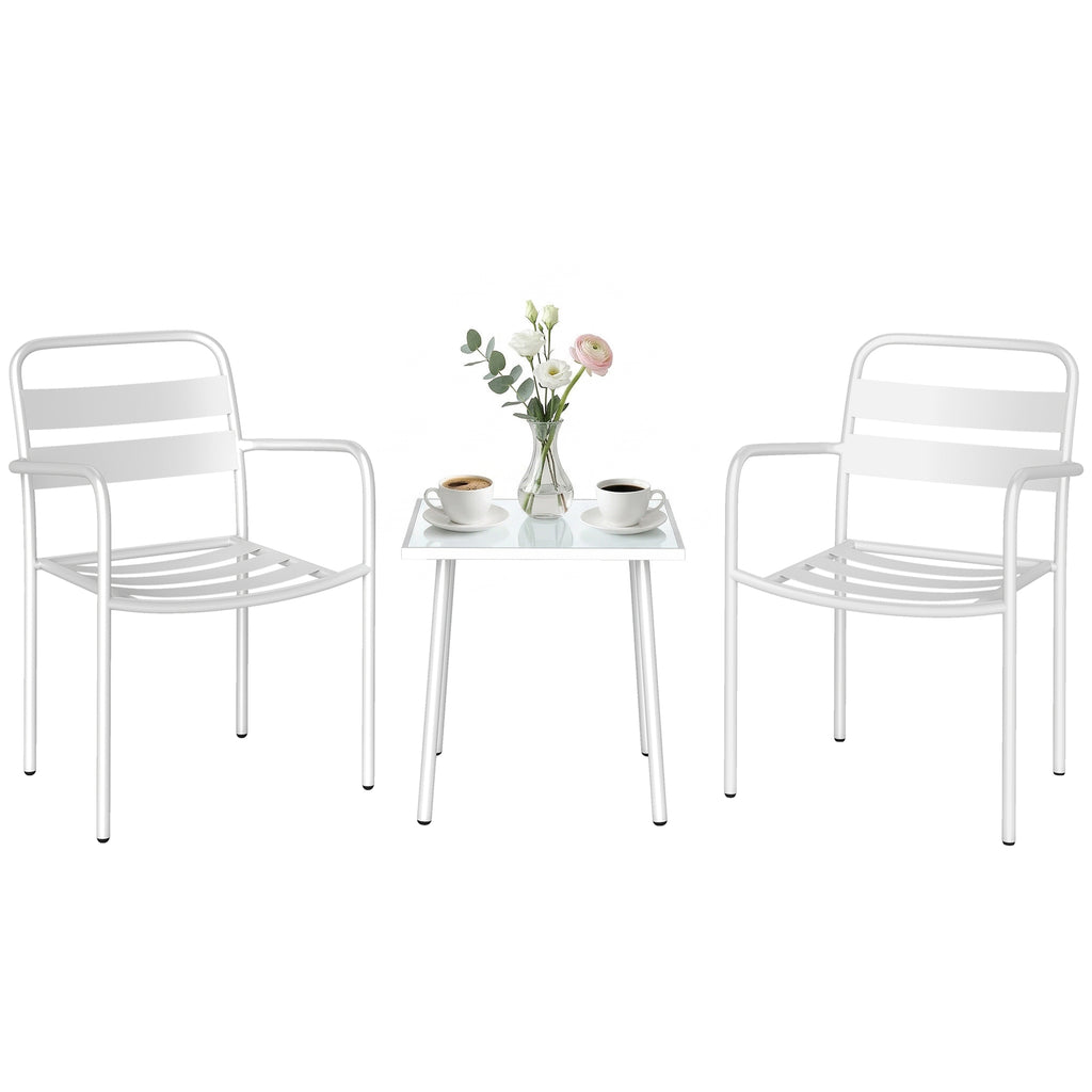 Bistroset 3 teiliges Metall Gartenmöbel-Set mit 2 Gartenstühlen, Glastisch, Lamellen-Design, Rostbeständig