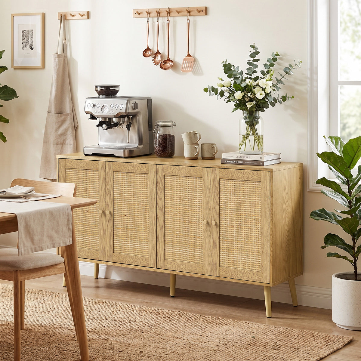 Sideboard Küchenschrank mit 4 Soft-Close-Türen 140x40x75 cm Natur
