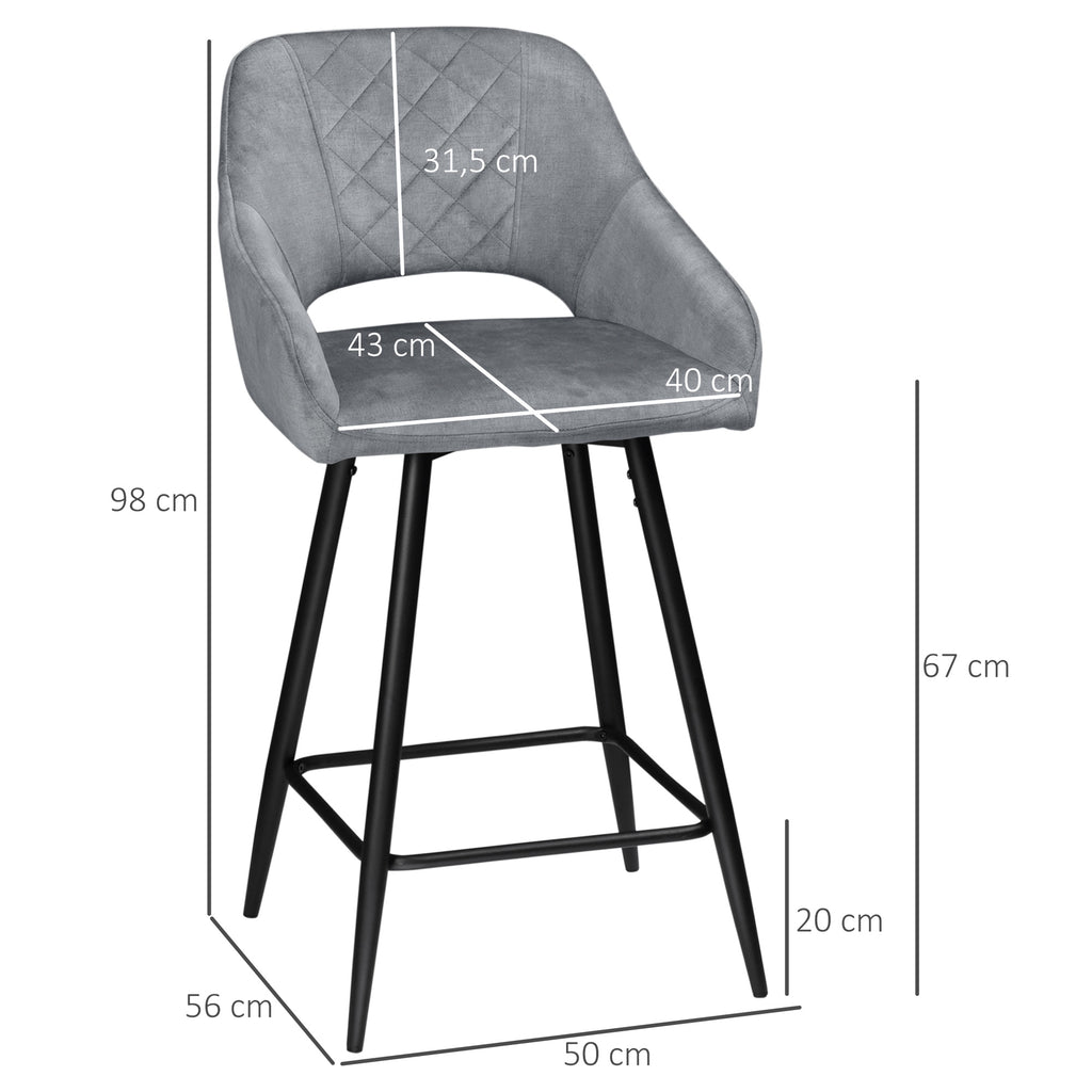 2er-Set Barhocker im Retrodesign, Samtoptik, inkl. Fußstütze 50 cm x 56 cm x 98 cm Grau