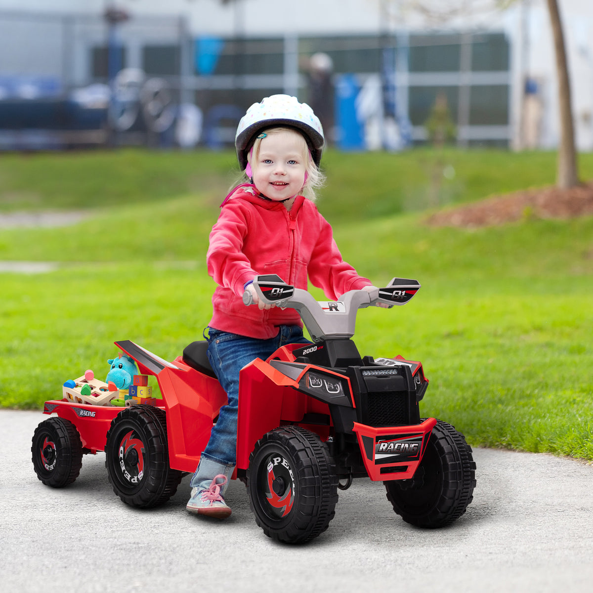 Elektro-Kinderquad mit Anh?nger, 2,5 km/h, 50 Minuten Fahrtzeit, f¨¹r 1,5 bis 3 Jahre, bis 25 kg, Rot