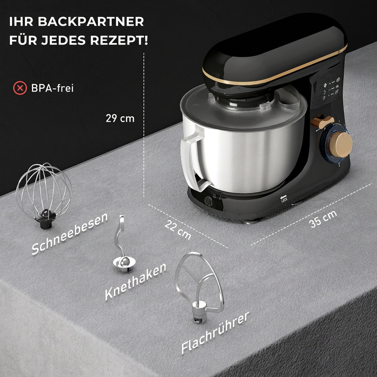 Küchenmaschine Knetmaschine mit 4,5L Edelstahlschüssel 1300W Teigmaschine mit 6+P Geschwindigkeit Beige
