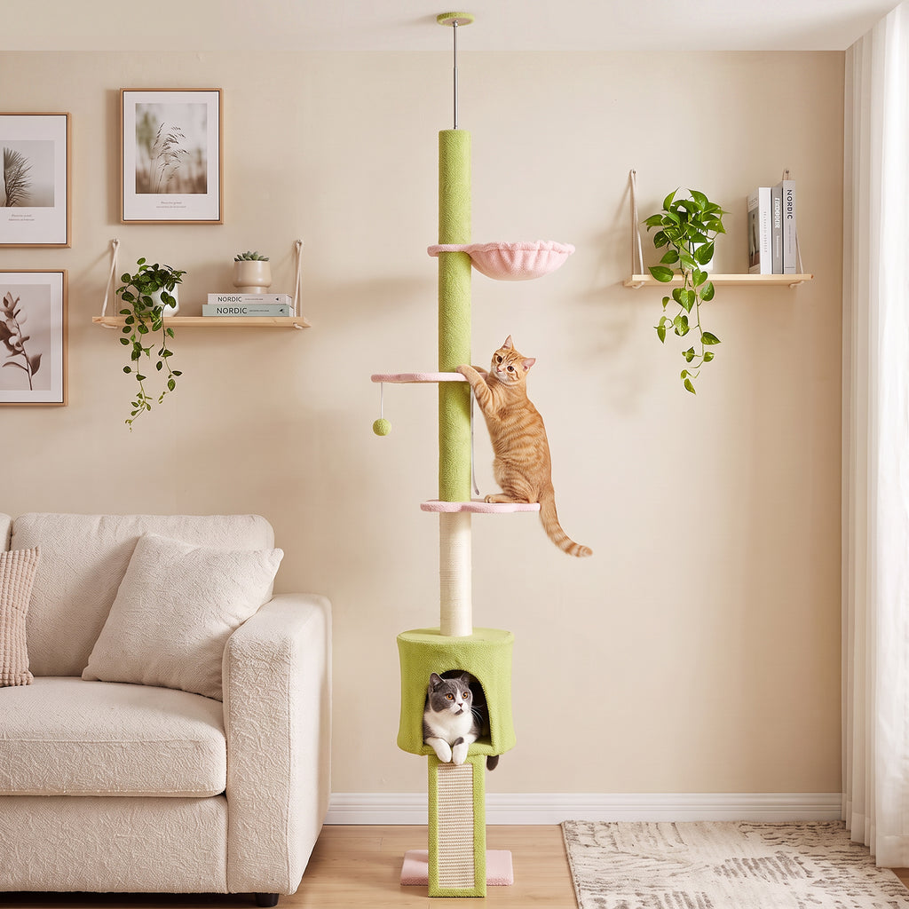 220-240 cm Floor to Ceiling Cat Tree Adjustable Height with Hammock, Condo, Scratching Posts, Green