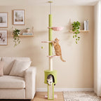 220-240 cm Floor to Ceiling Cat Tree Adjustable Height with Hammock, Condo, Scratching Posts, Green