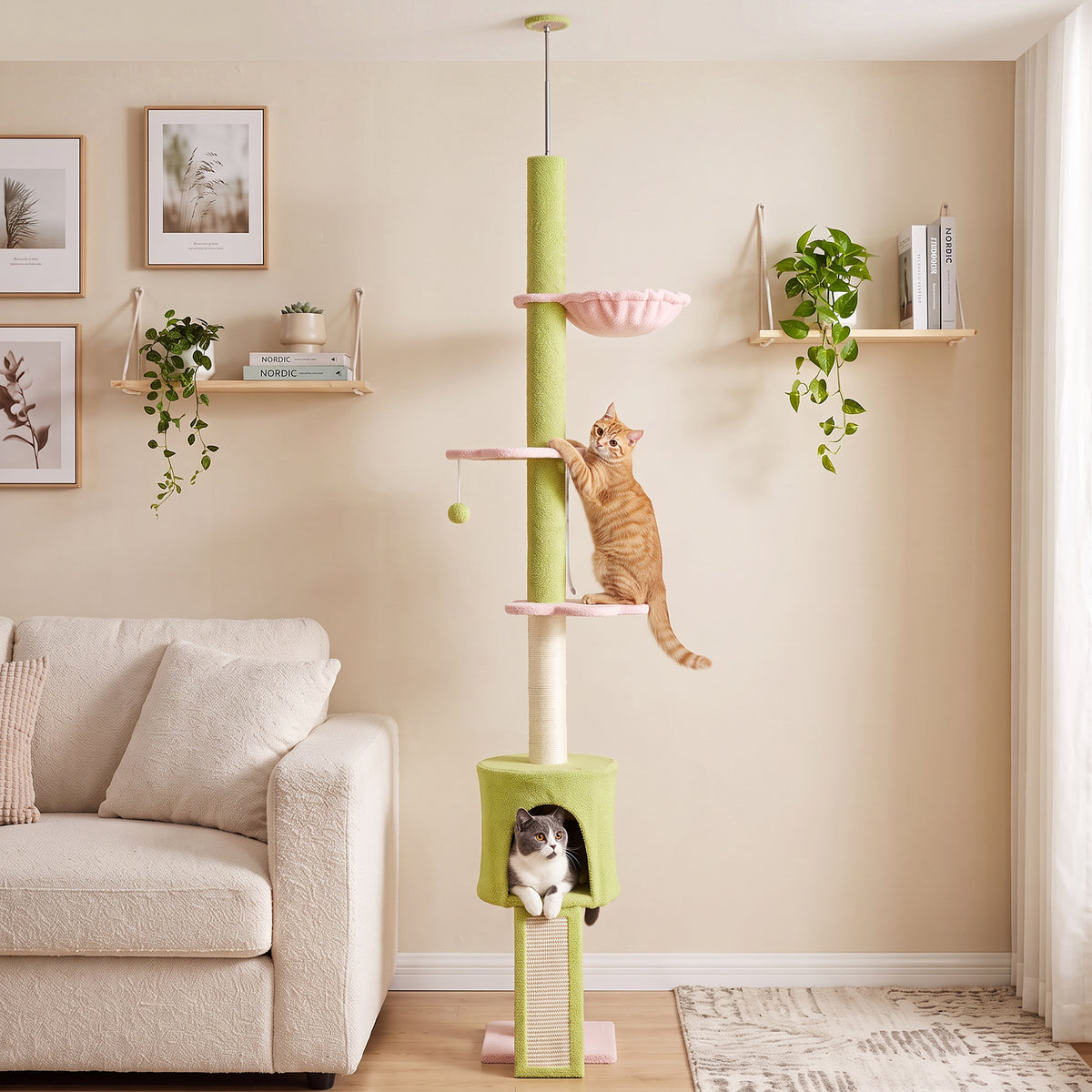 220-240 cm Floor to Ceiling Cat Tree Adjustable Height with Hammock, Condo, Scratching Posts, Green