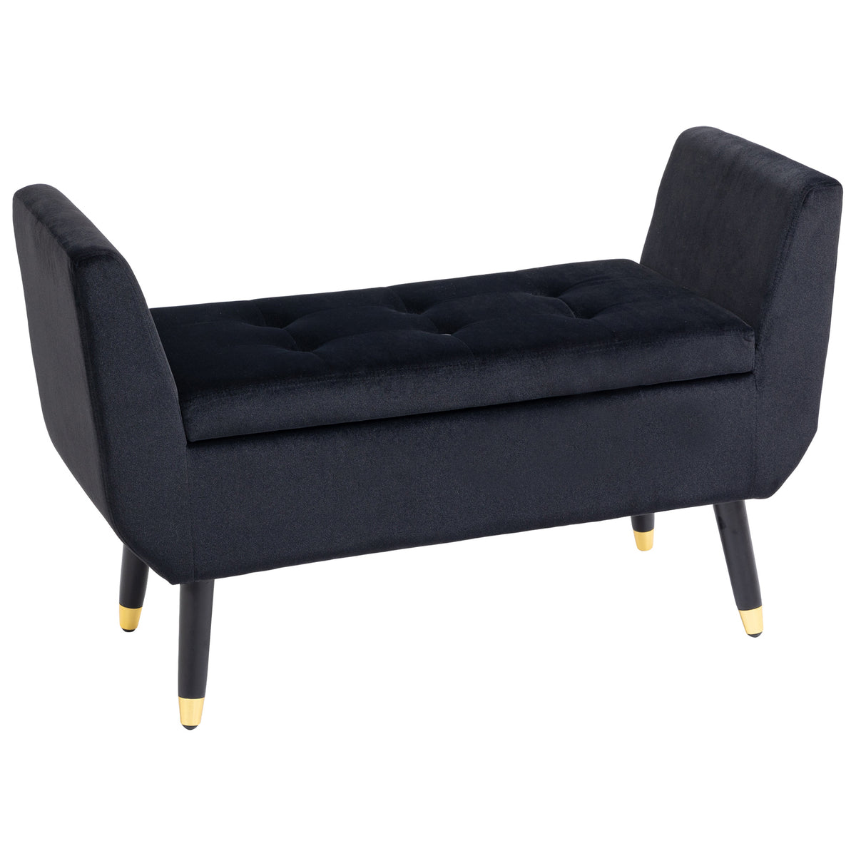 Sitzbank mit Stauraum Armlehnen Polsterbank mit Samtoptik, Sitztruhe mit Holzbeine, Truhenbank für Wohnzimmer Schlafzimmer Flur 107 x 42 x 65 cm, Schwarz