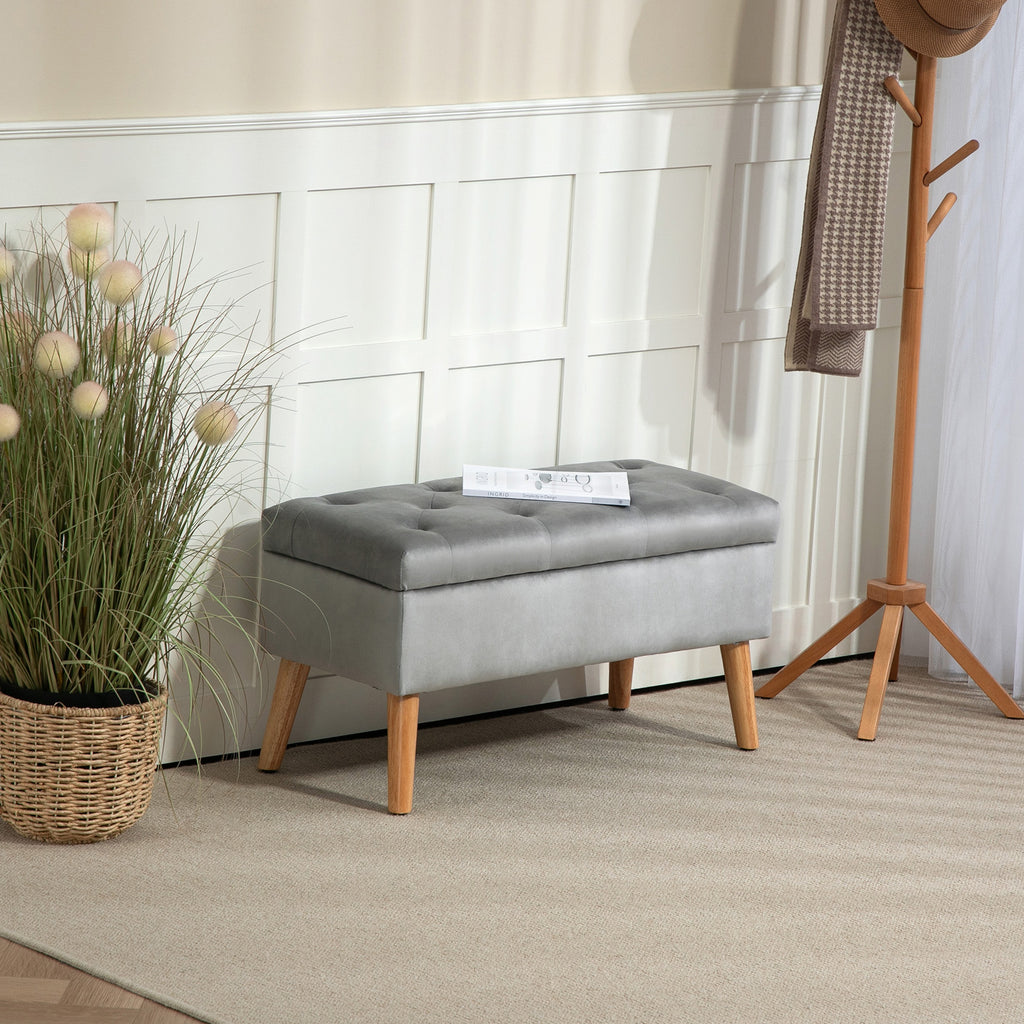 Polsterbank mit Stauraum, Stoffbezug in Samtoptik, Holzbeine, für Wohnzimmer, Schlafzimmer, Flur, 80 x 35 x 42 cm, Grau