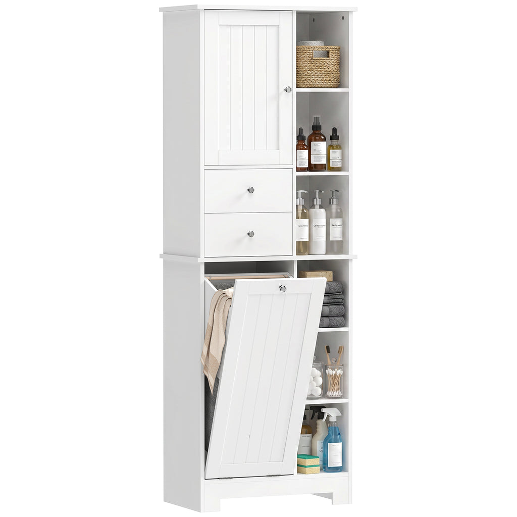 Badezimmerschrank Schmaler Badschrank mit 6 offenen Fächern und Wäschekorb, 2 Schubladen und Soft-Close-Tür, Weiß