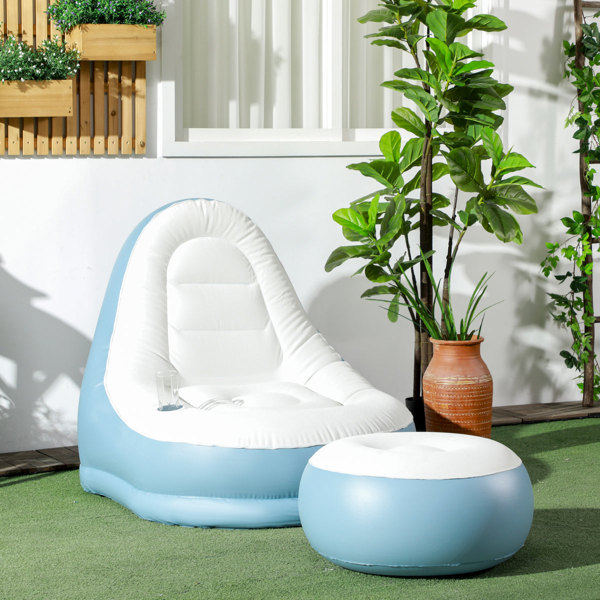 Inflatable Tub Chair and Footstool - Blue/White