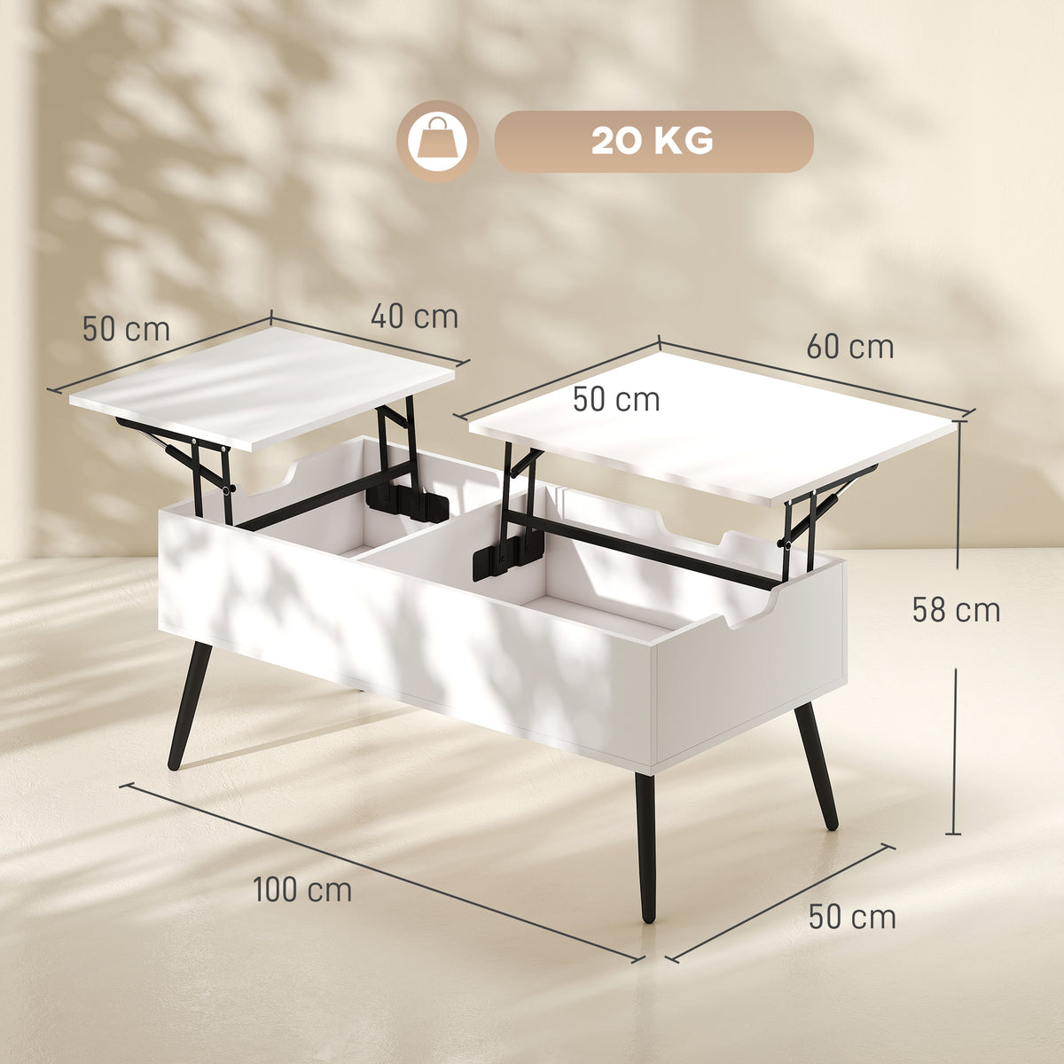 Couchtisch Höhenverstellbar Wohnzimmertisch mit Verstecktem Stauraum für Wohnzimmer, 50 x 100 cm, Weiß
