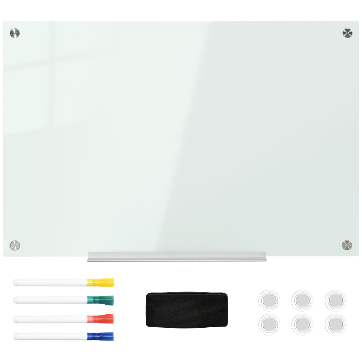 Glas Whiteboard, Memoboard, Whiteboard, 4 Stifte, 6 Magnete, 1 Schwamm,1 Ablage, Weiß