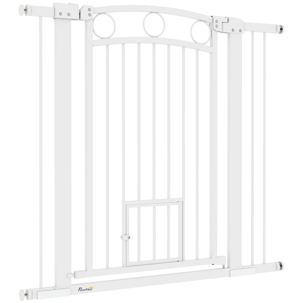 96cm Tall Dog Gate with Cat Door, 7cm and 14cm Extensions, for Stairs, Doorways, 76-104cm Width