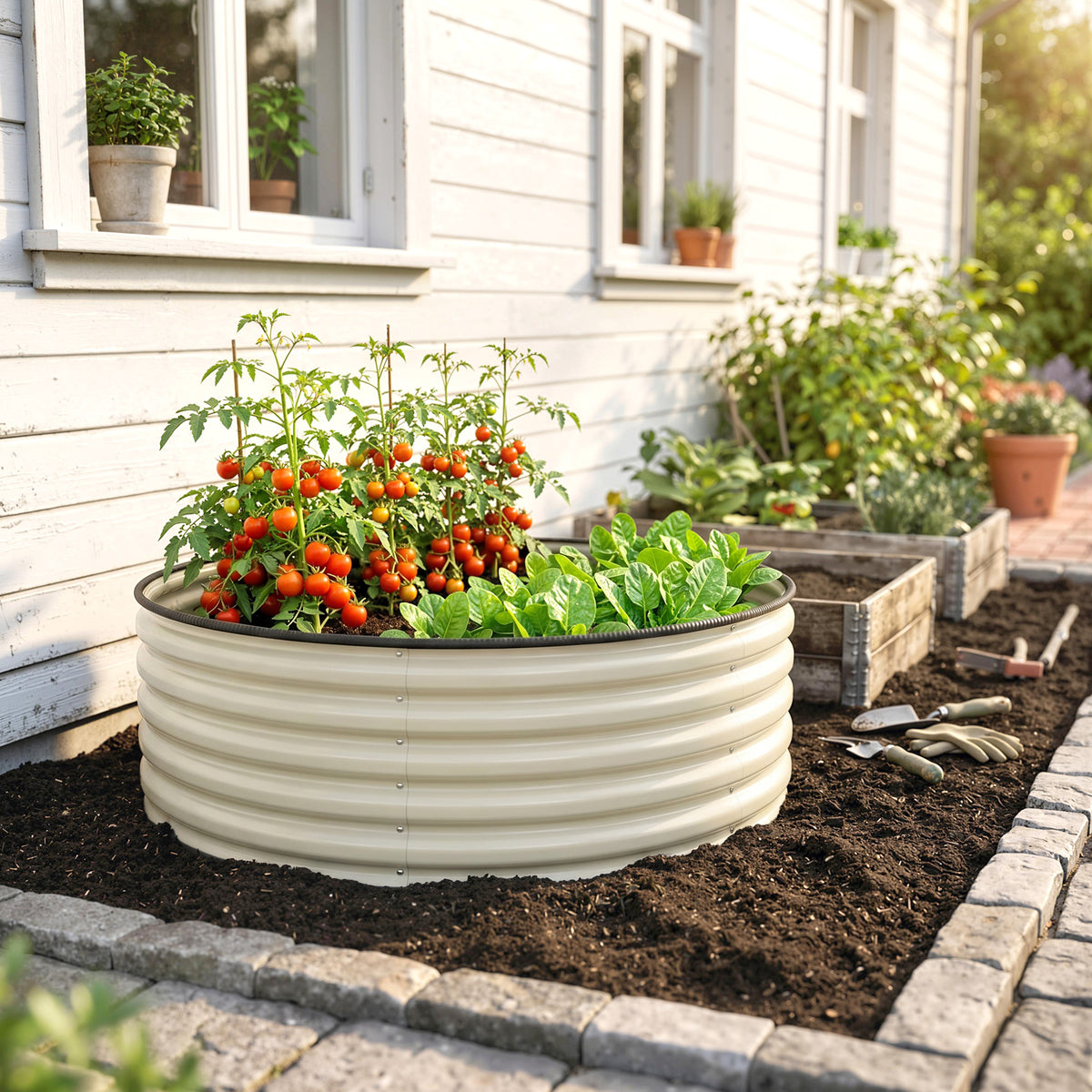 Galvanised Raised Garden Bed with Safety Edging, Outdoor Raised Planter Box with Gloves, 120 x 120 x 43cm, Cream White