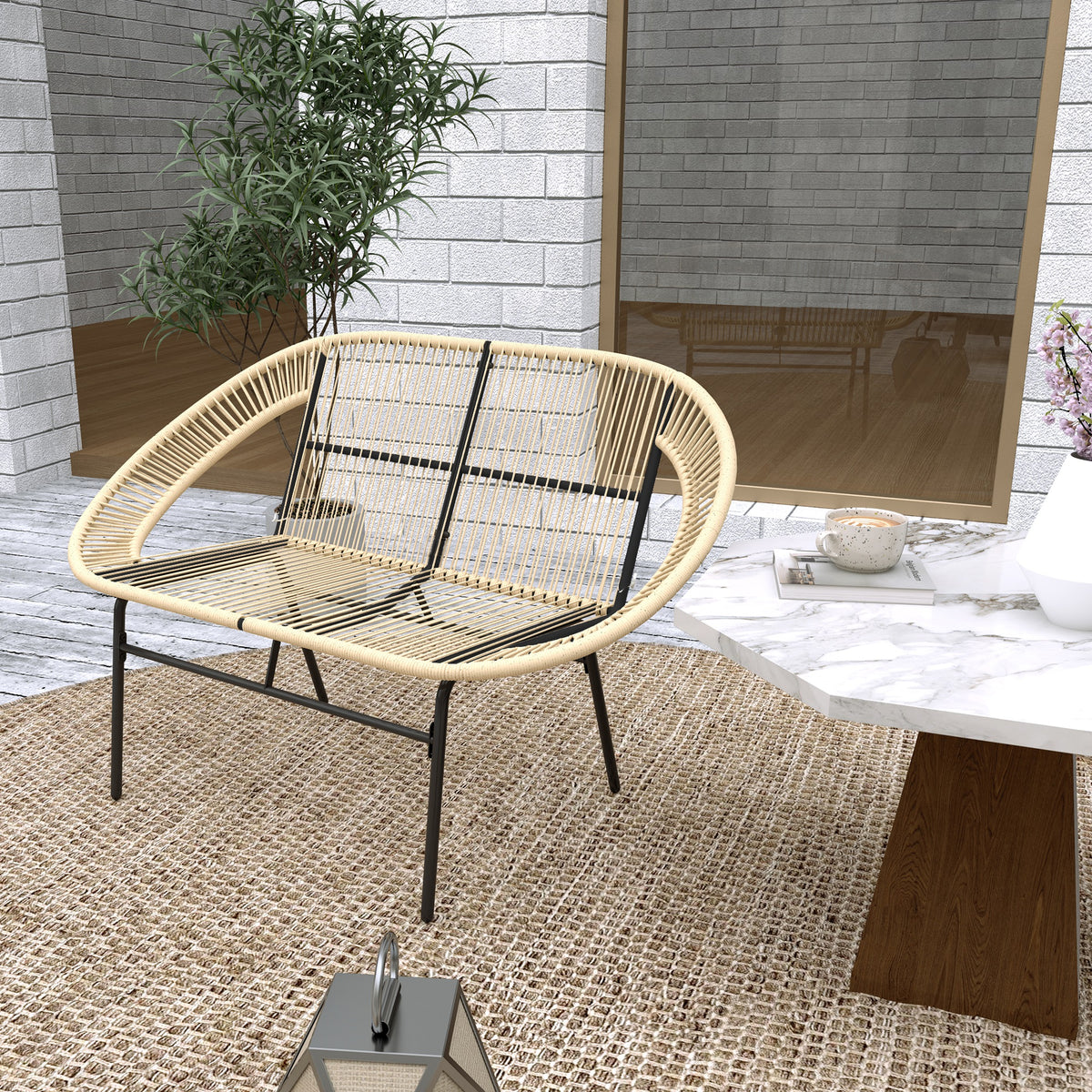 2-Sitzer Gartenbank Polyrattan, wetterfest Sitzbank im Rattanflecht-Design, UV-Beständig 260kg belast Khaki