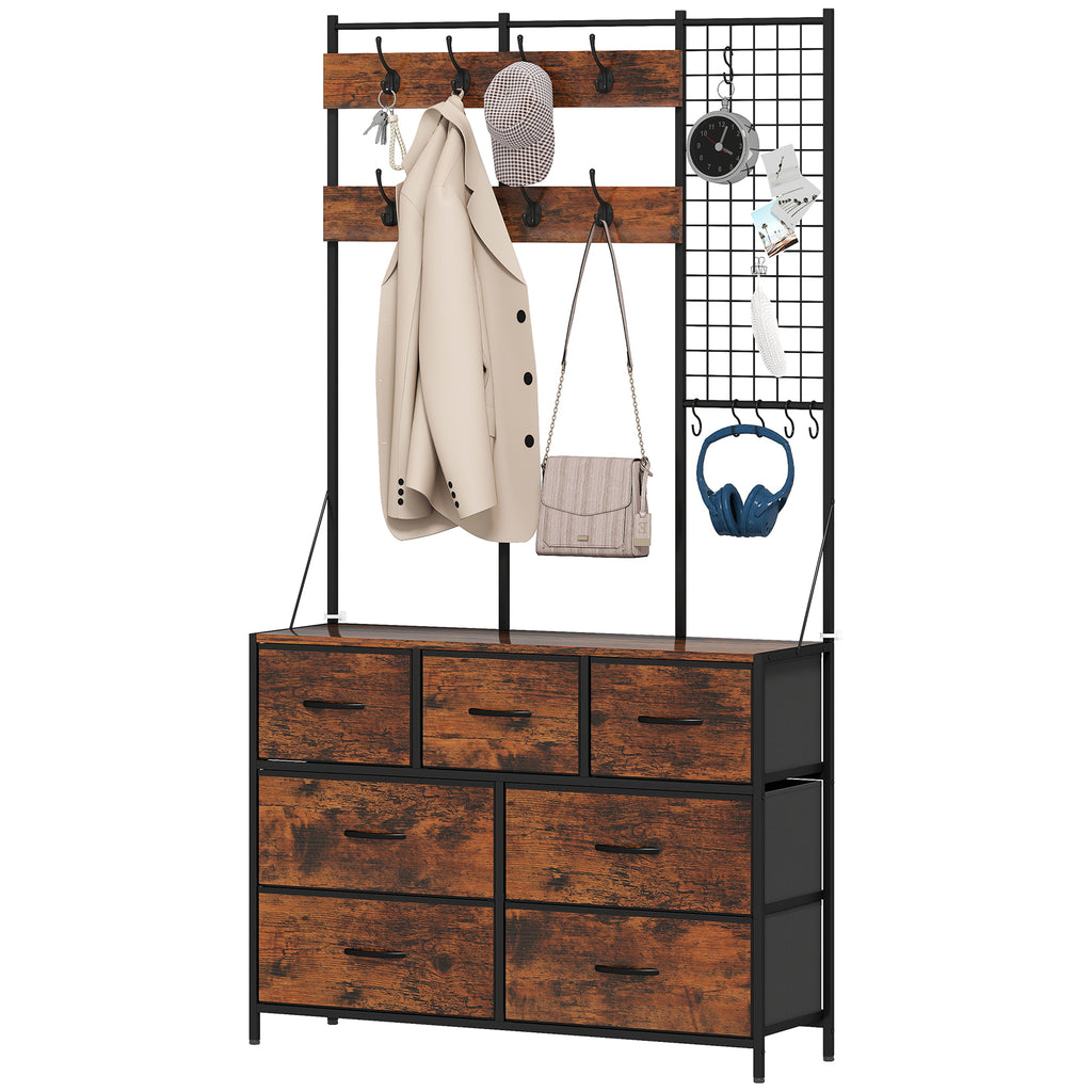 Garderobenständer, Kleiderständer mit Stoff-Schublade, 14 Haken für Flur, Schlafzimmer, Rustikal-Braun, Höhe 183 cm