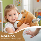 Fahrbares Reitpferd für Kinder, weicher Bezug, Batteriebetrieb, Musik, Räder, 1,5-5 Jahre, Braun