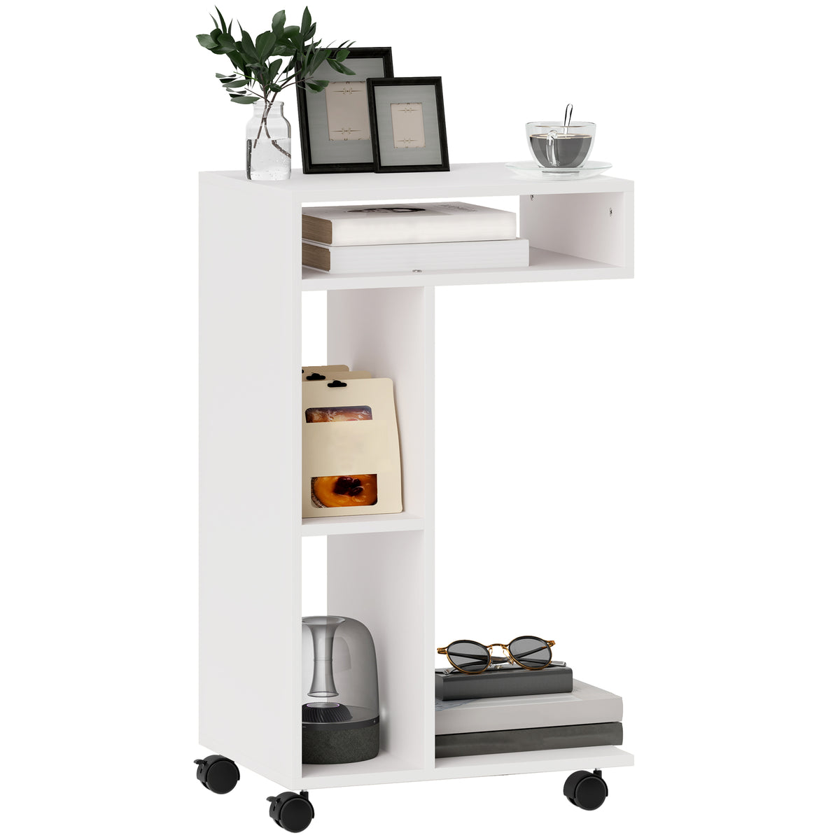 Beistelltisch, C-f?rmiger Servierwagen, 4 Rollen, 3 F?cher, 40 x 30 x 69 cm, Wei?