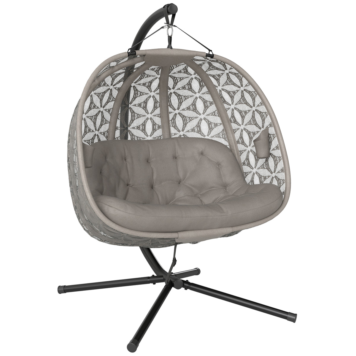 Outdoor Double Hanging Chair with Cushion and Cup Holders, Sand Brown