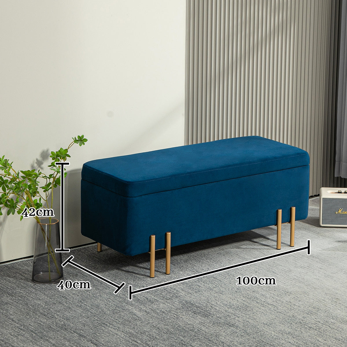 Sitzbank, Polsterbank mit Stauraum, Metall, Kautschukholz, Schaumstoff, 100 x 40 x 42 cm, Dunkelblau