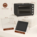 28 L Toasterofen, Kompakter Backofen zum Kochen und Grillen, Elektro-Ofen mit Backblech, Grillrost, 2600W, Schwarz