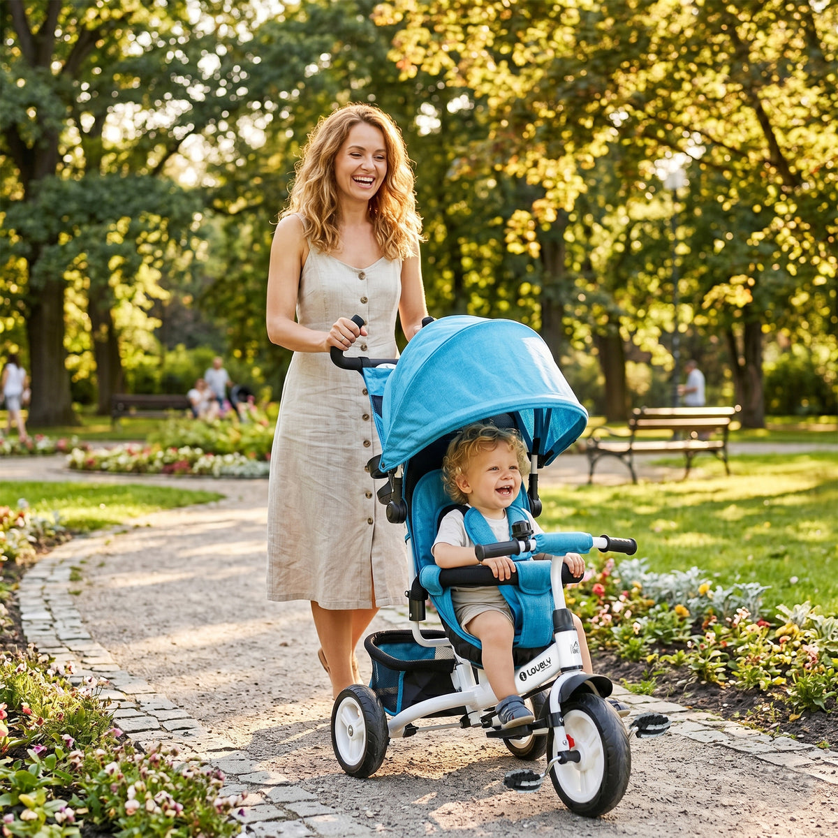 6 in 1 Kids Trike with Parent Handle, Canopy, 5-point Seat Belt, Storage, Footrest, Brake, for 1-5 Years, Blue