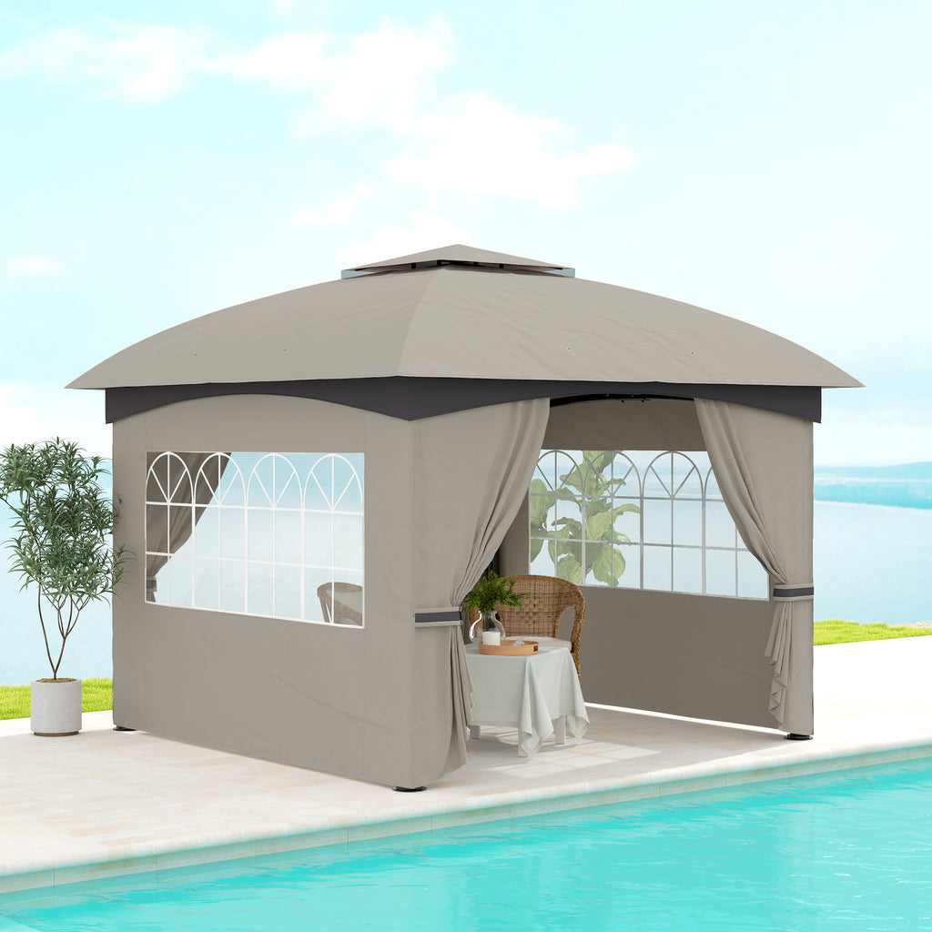 3,4 x 3,4 m Gartenpavillon, Bierzelt mit Lüftungsdach, Bogenfenstern, Stahlgestell, Hellgrau