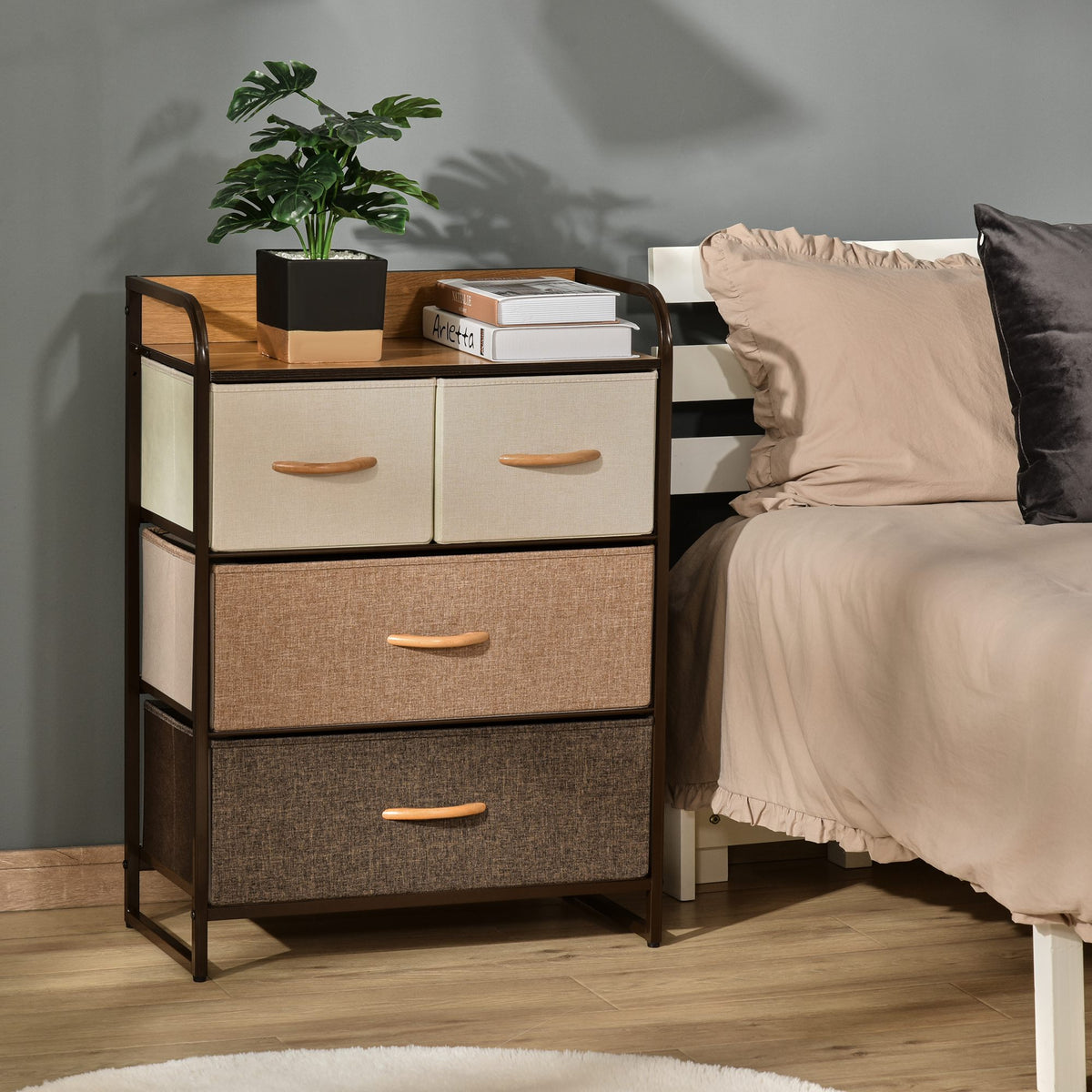 Kommode Schrank mit 4 Schubladen aus Leinen Aufbewahrungsschrank mit Metallrahmen für Schlafzimmer, Wohnzimmer