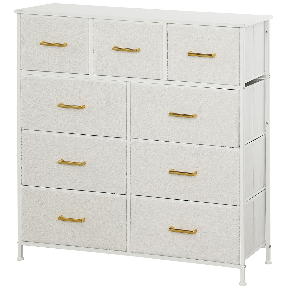 Chest of Drawers with 9 Fabric Drawers, Boucle Storage Organiser with Steel Frame, Fabric Dresser for Bedroom, Living Room, Hallway, Cream White