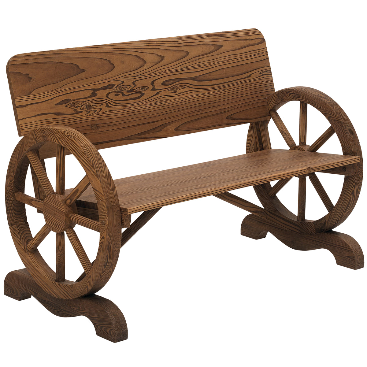Fir Wood 2-Seater Outdoor Garden Wagon Wheel Bench, Carbonized Brown