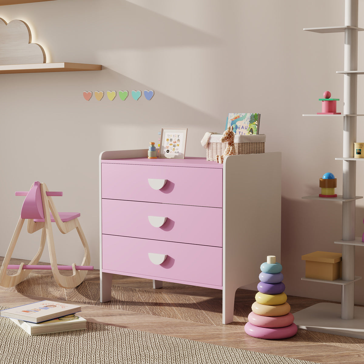 Kinder-Kommode mit 3 Schubladen, MDF, Aufbewahrungsschrank für Kinder, Rosa+Weiß