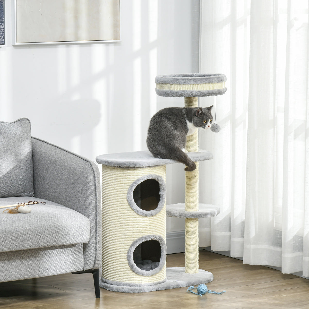 Kratzbaum für Katzen, Sisal-Seilpfosten, weicher Plüsch, mehrstufig, Ballspielzeug, Grau, 59x35x100 cm