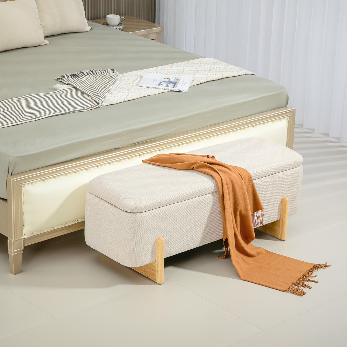 Hocker mit Stauraum, Sitzbank mit Schaumstoffpolsterung, Leinenimitat, 111 x 44 x 44,5 cm, Cremewei?