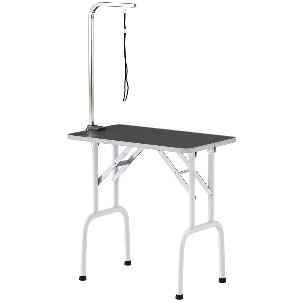 32" Foldable Dog Grooming Table Pet Drying Beauty Table Adjustable Fixed Arm Rubber Top, Black