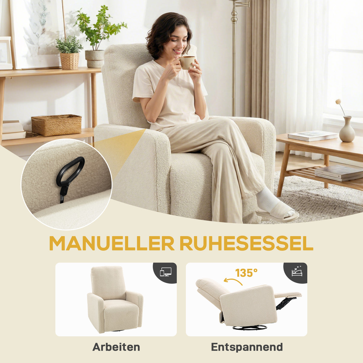 Relaxsessel, Fernsehsessel mit Liegefunktion, Wippfunktion Beige
