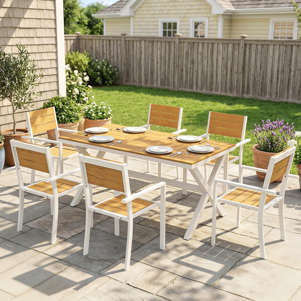 Gartenmöbel Set Sitzgruppe 7-teilig Tisch mit 6 stapelbare Stühlen Holzoptik Aluminiumrahmen Teak